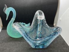 20th cent. Art Glass: Studio three painted crackle glass vase clear with blue inlay, signed Nick