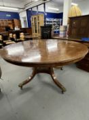 19th/20th cent. Mahogany circular dining table on splayed supports terminating in brass claw feet