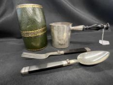 19th cent. French silver part campaign picnic set - comprising cup with turned treen handle, folding