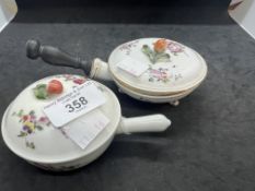 Late 18th cent. Two French porcelain saucepans or warming pots and covers, one Marseilles and