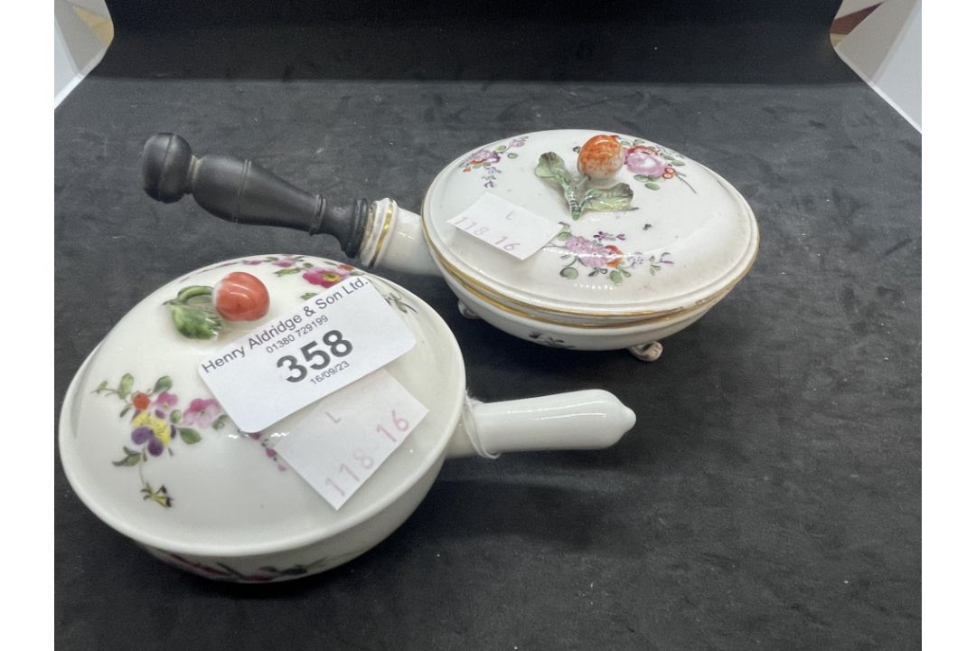 Late 18th cent. Two French porcelain saucepans or warming pots and covers, one Marseilles and - Image 1 of 3