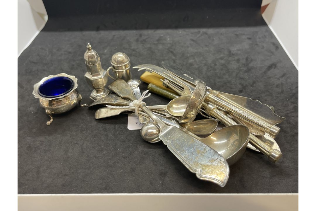 Hallmarked Silver: Assorted items of flatware and condiments, plus items of silver plated flatware. - Image 1 of 3