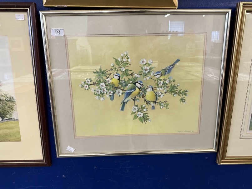 20th cent. Bristol Savages: Watercolours Alfred Moores Blue Tits on a Blossom Branch, Roy Wrench