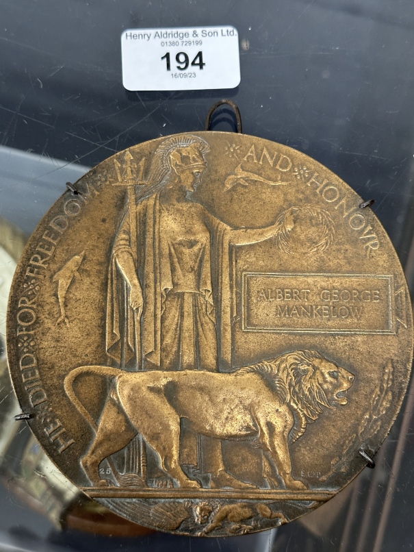 World War One: Death Plaque to Private Albert George Markelow 11315, Hampshire Regiment B Company