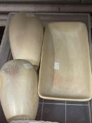 Africa/Tribal Art: Trio of hand crafted soapstone vessels (one large vase, one small vase, one