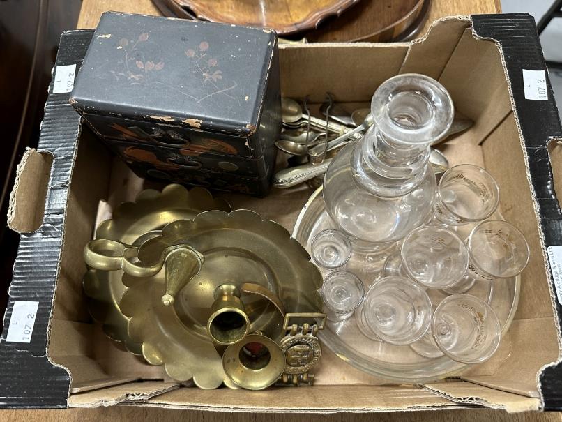 19th cent. Drinking set cordial x 5, tots x 2, decanter and tray. Japanese three drawer lacquered