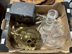 19th cent. Drinking set cordial x 5, tots x 2, decanter and tray. Japanese three drawer lacquered