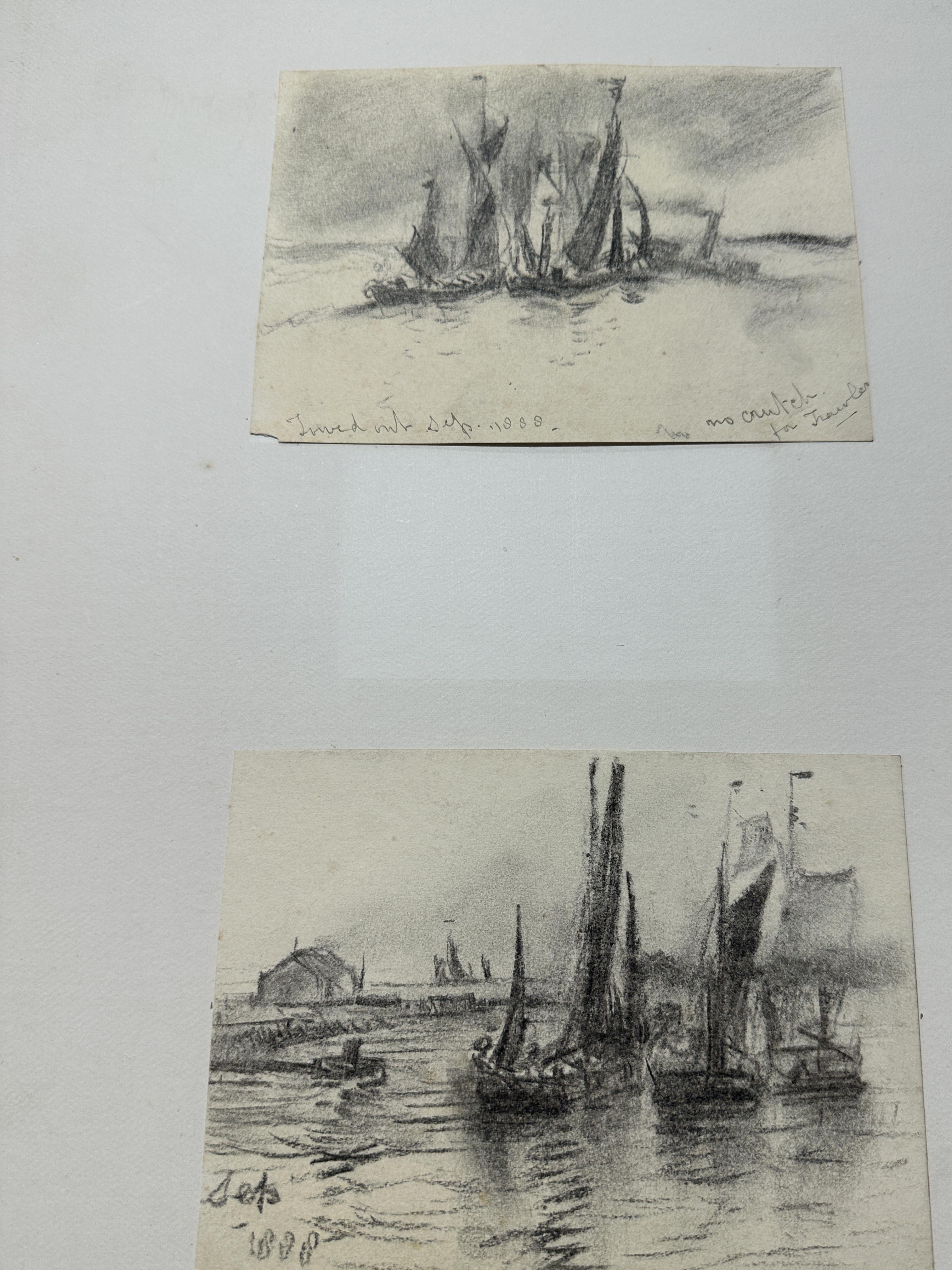 Edwin Hayes: Charcoal on paper maritime studies, unsigned but dated 1888, mounted on board. 7ins.