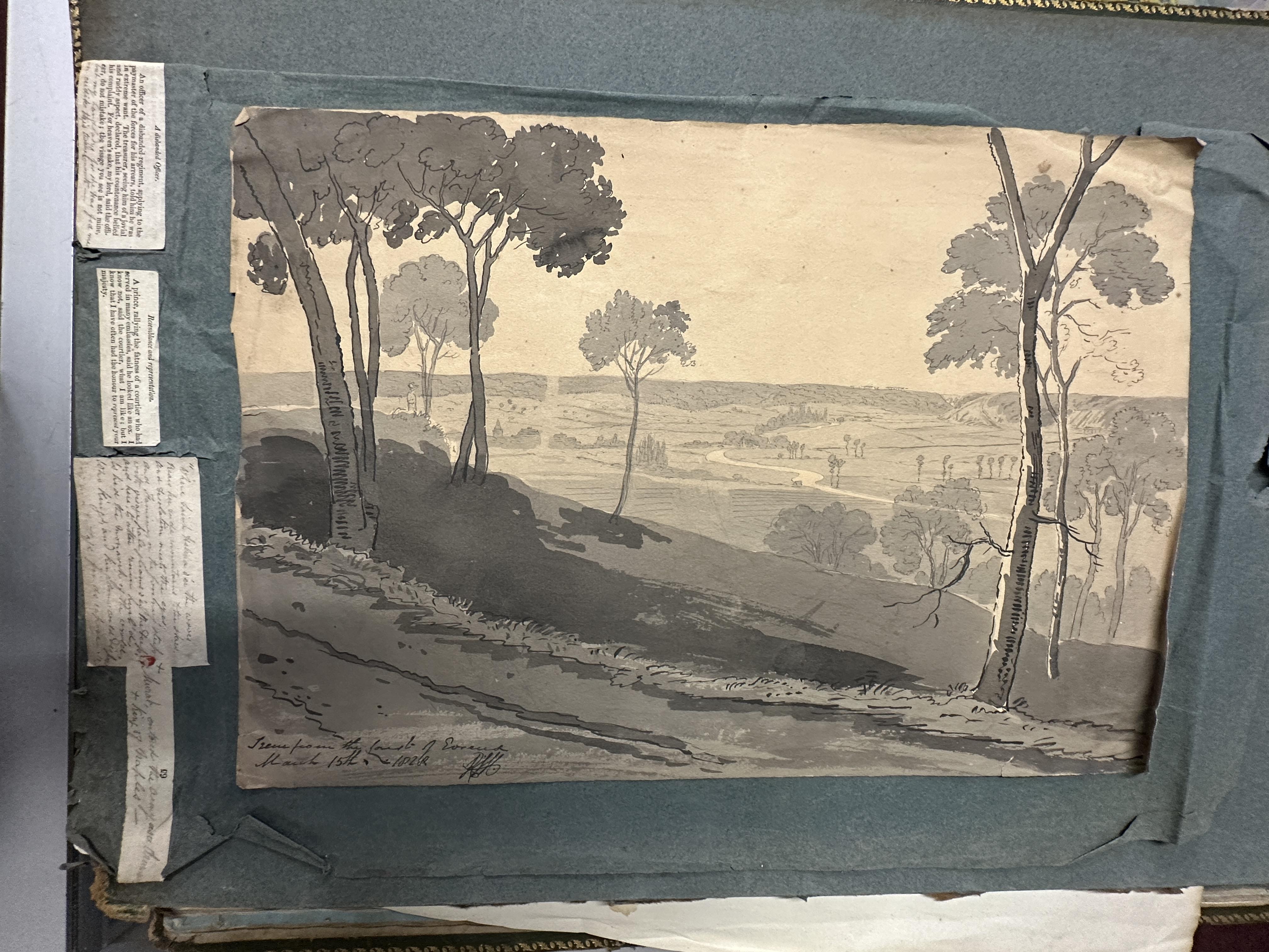 19th cent. Scrap album containing etchings, engravings, coloured lithographs, and pencil studies, - Image 7 of 8