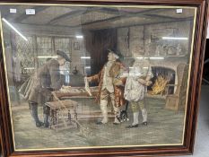 19th cent. Woolwork tapestry, three figures, one holding fish in an interior. Framed and glazed.