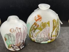 Frosted Art Glass: Vases with overlay decoration depicting ruined buildings, possibly Hiroshima, one
