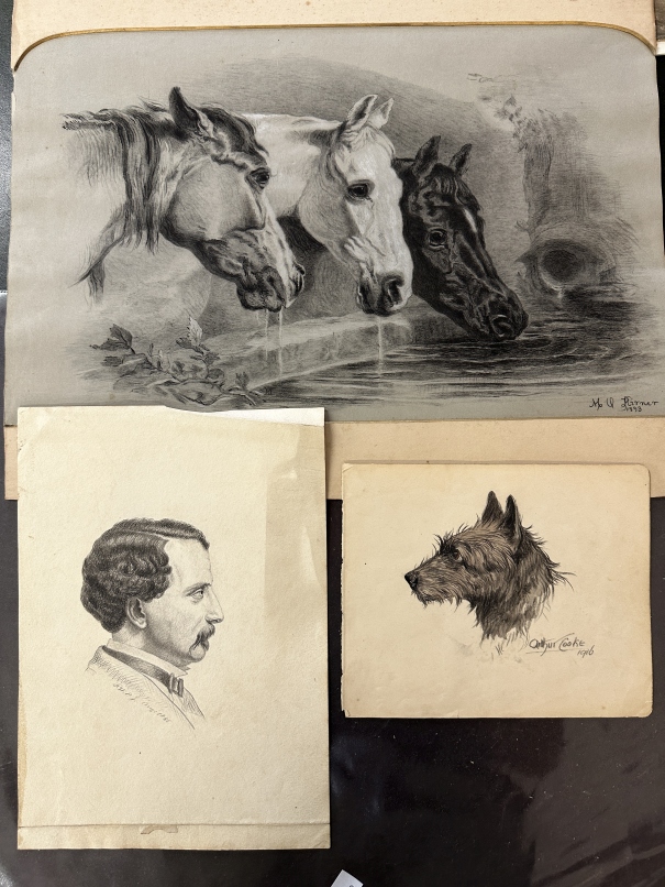 19th cent. Equestrian Art: M.U. Kimer three horses drinking at a pool, a black, a grey and a bay,