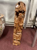 Oriental wood carving Immortal figure with phoenix and dragon, unsigned. Height 21ins.