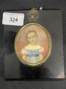 18th cent. Portrait miniature on ivory, a young girl in ebonised frame, unsigned. 4¾ins. x 4ins.