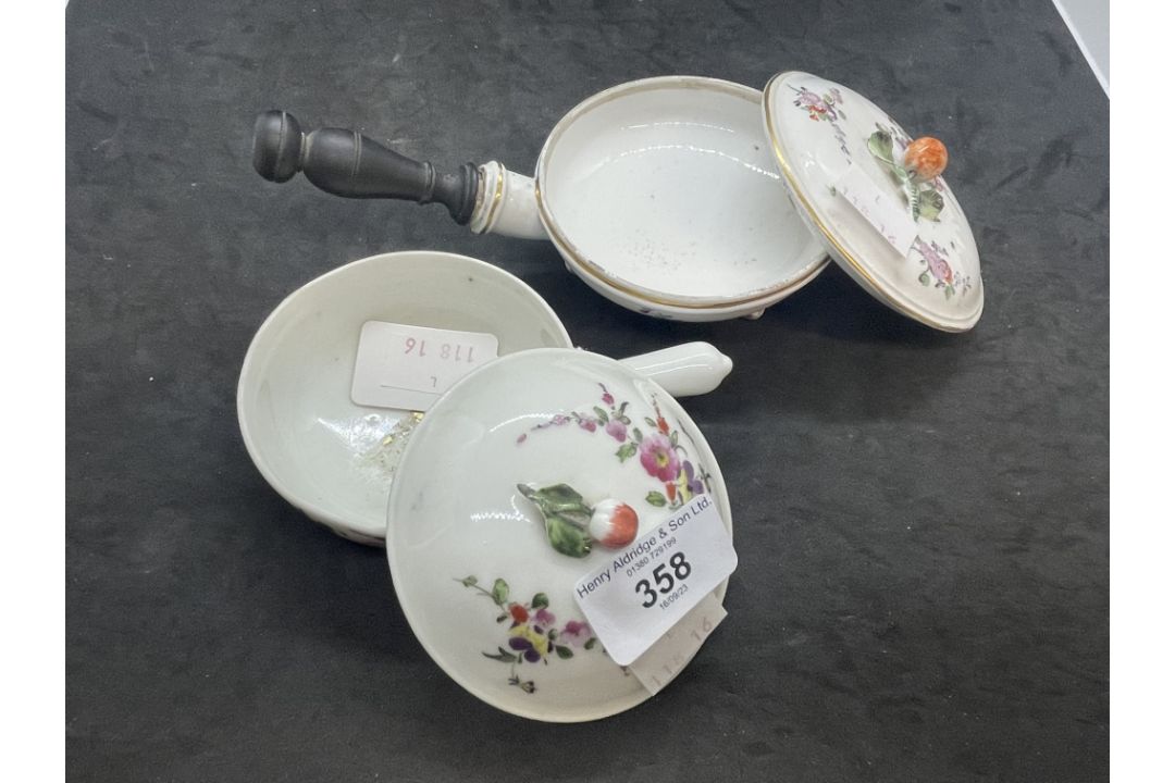 Late 18th cent. Two French porcelain saucepans or warming pots and covers, one Marseilles and - Image 2 of 3