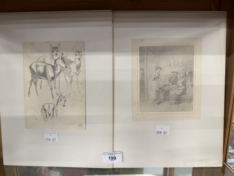 19th cent. Pencil Sketches: Edwin Landseer After, studies of deer, monogram lower right; R.