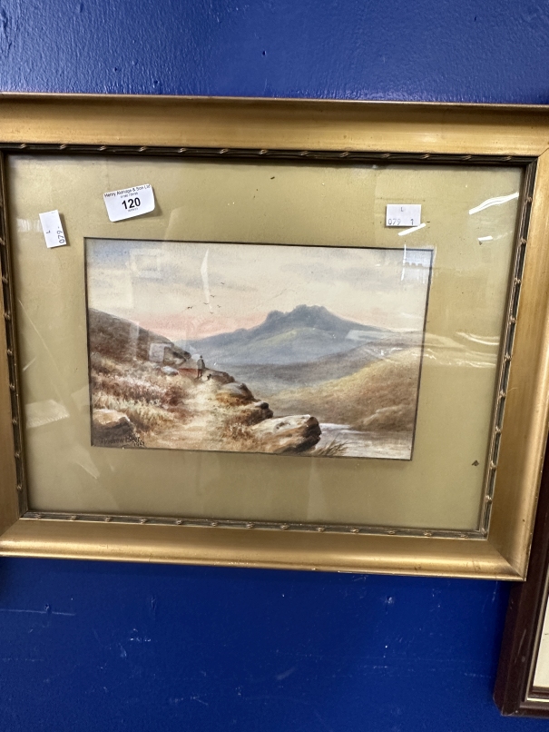 Andrew Beer (1862-1954): Watercolour on paper, moorland stream with a figure and a dog in the mid