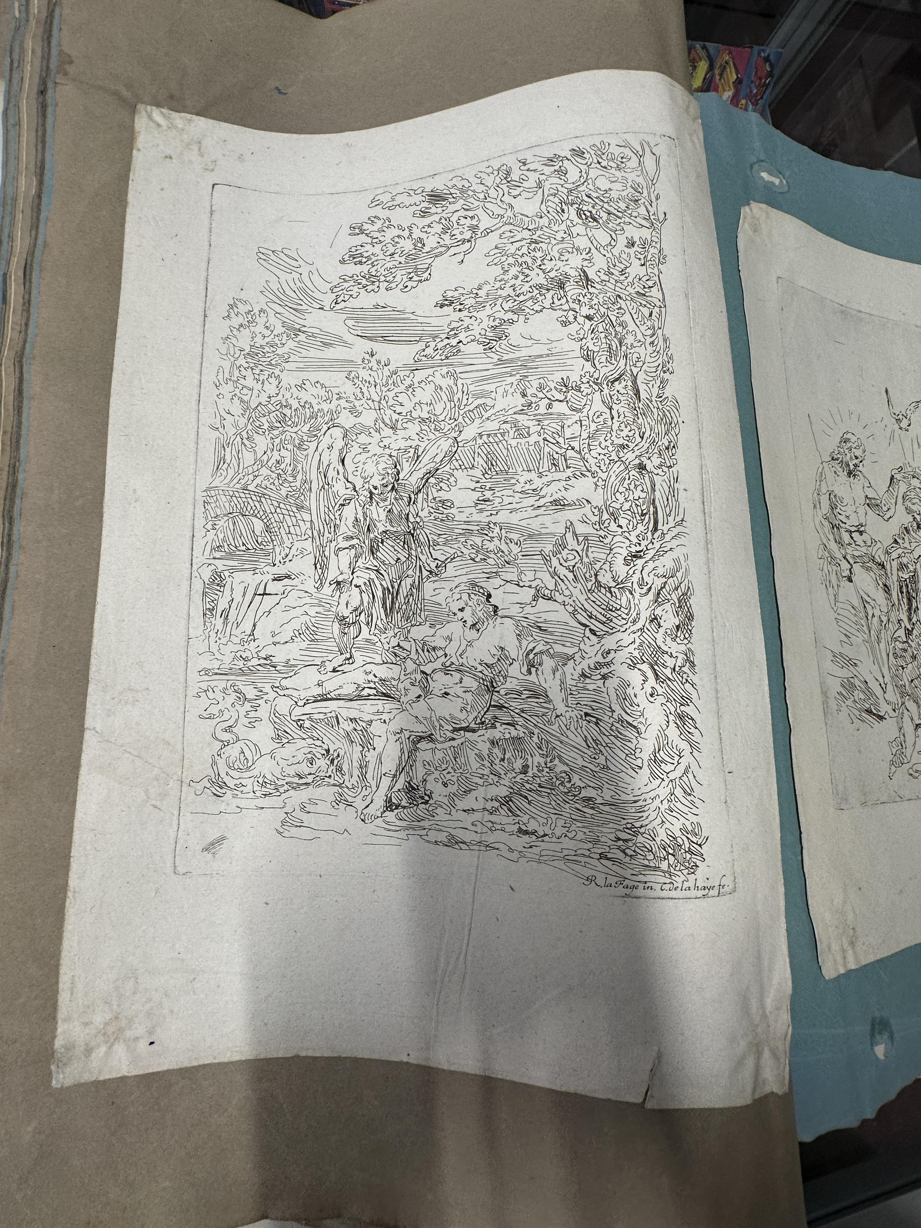 19th cent. Scrap album containing etchings, engravings, coloured lithographs, and pencil studies, - Image 6 of 8
