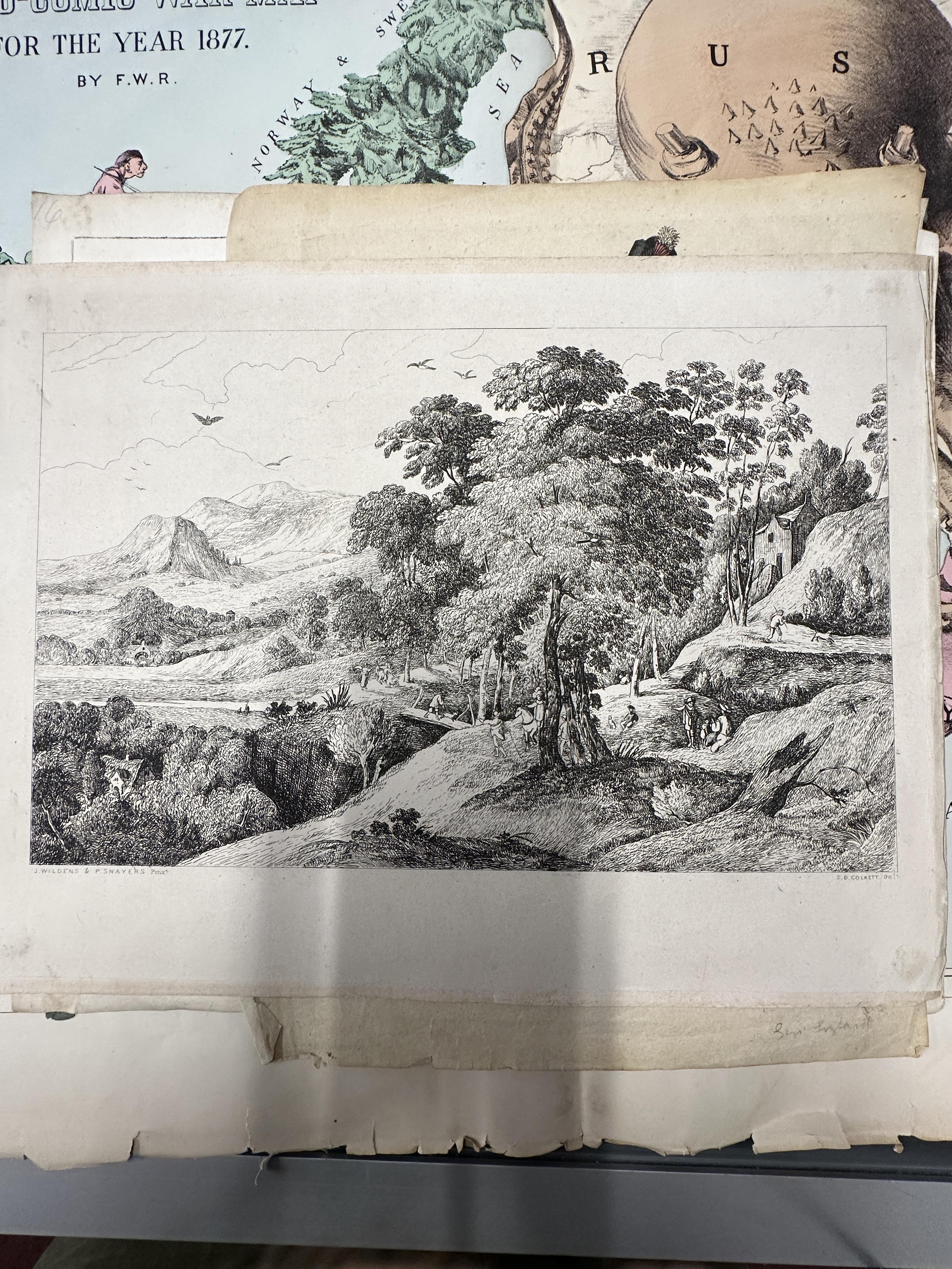 19th cent. Scrap album containing etchings, engravings, coloured lithographs, and pencil studies, - Image 4 of 8