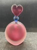 20th cent. Art Glass: Bob Crooks red perfume flask with red and blue heart stopper.