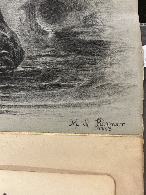 19th cent. Equestrian Art: M.U. Kimer three horses drinking at a pool, a black, a grey and a bay, - Image 2 of 2