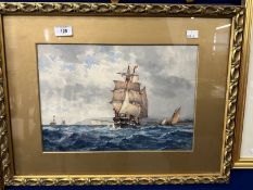 Frederick James Aldridge (1850-1933): Watercolour on paper, 'Three-Masted British Man-O-War on Rough