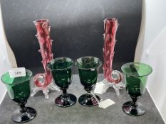 19th cent. Victorian cranberry glass decorative stem vases. Plus set of four 19th century green wine