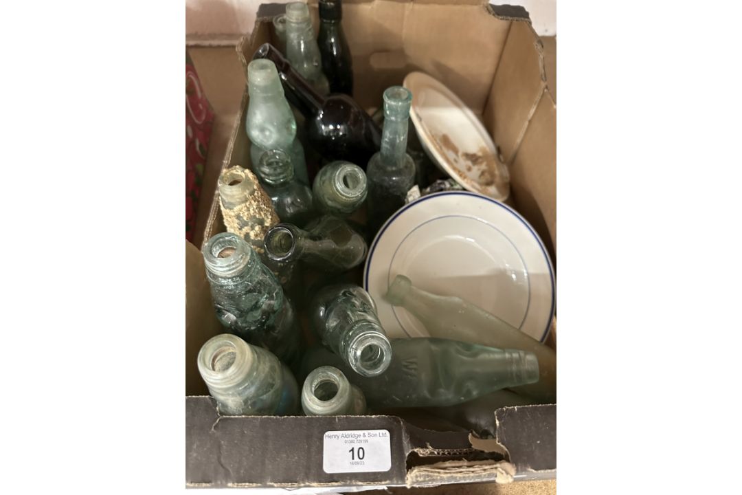 19th cent and later collection of bottles to include various colours, some encrusted, Codds, etc.
