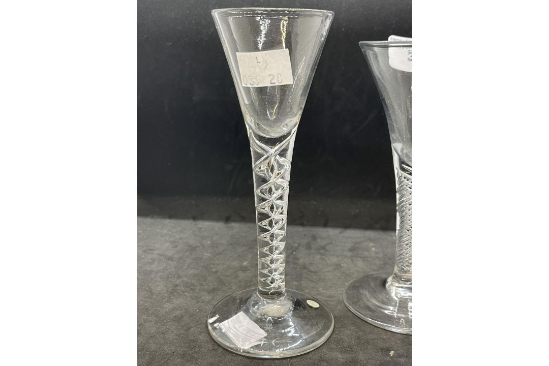 18th cent. Wine glasses drawn trumpet bowls one on a mercury spiral stem, the other air twist - Image 3 of 3