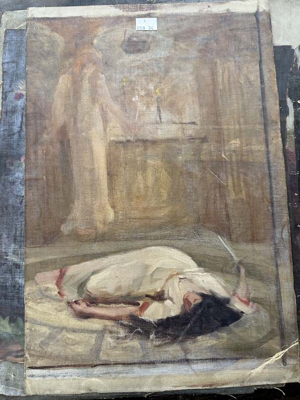 19th cent. Arthur Claude Cooke - Attributed: Oil on canvas, figures on a beach, reeds, sheep, timber