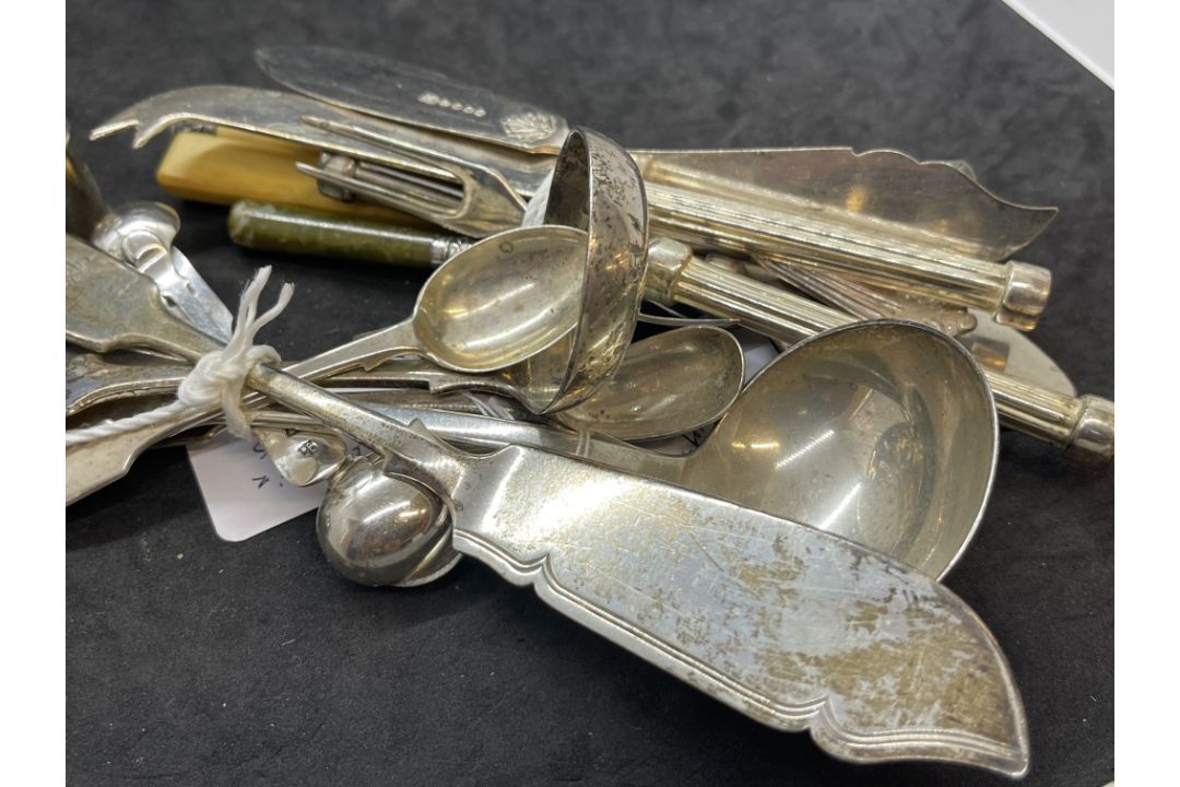 Hallmarked Silver: Assorted items of flatware and condiments, plus items of silver plated flatware. - Image 2 of 3