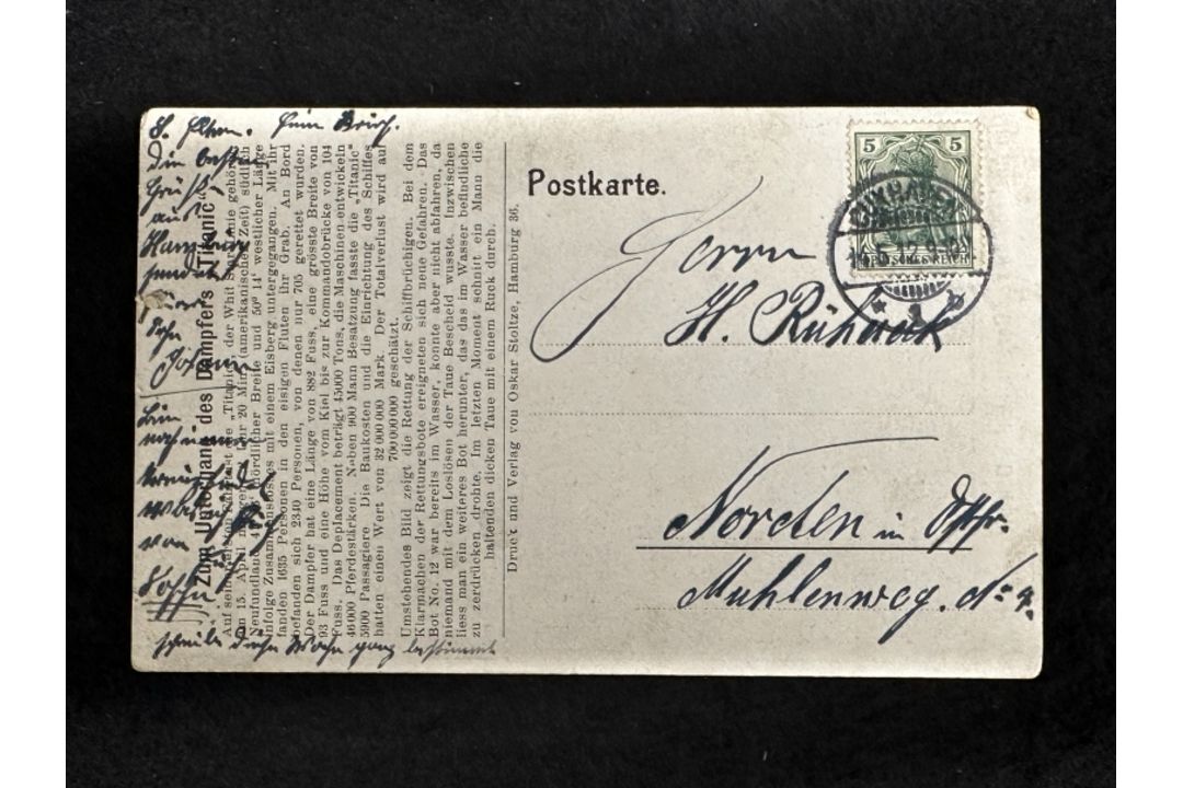 R.M.S. TITANIC: Unusual German postcard 'Lowering the Lifeboats' postally used 14 May 1912. - Image 2 of 2