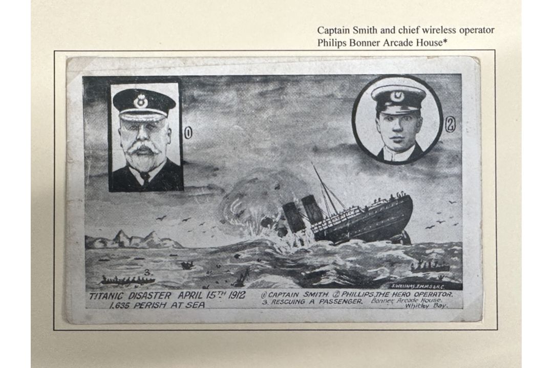 R.M.S. TITANIC: Unusual Bonner of Arcade House Whitley Bay memorial card showing Captain Smith and - Image 1 of 2