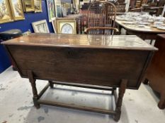 19th cent. Oak dough trough, pine lined, turned supports united with stretchers.