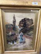 Watercolour romantic rural study, cottage, bridge, fowl, woman and child, entitled on verso R.I.O.