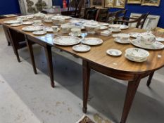 19th cent. Mahogany demi lune dining and centre table, square reeded legs, spade feet, plus two