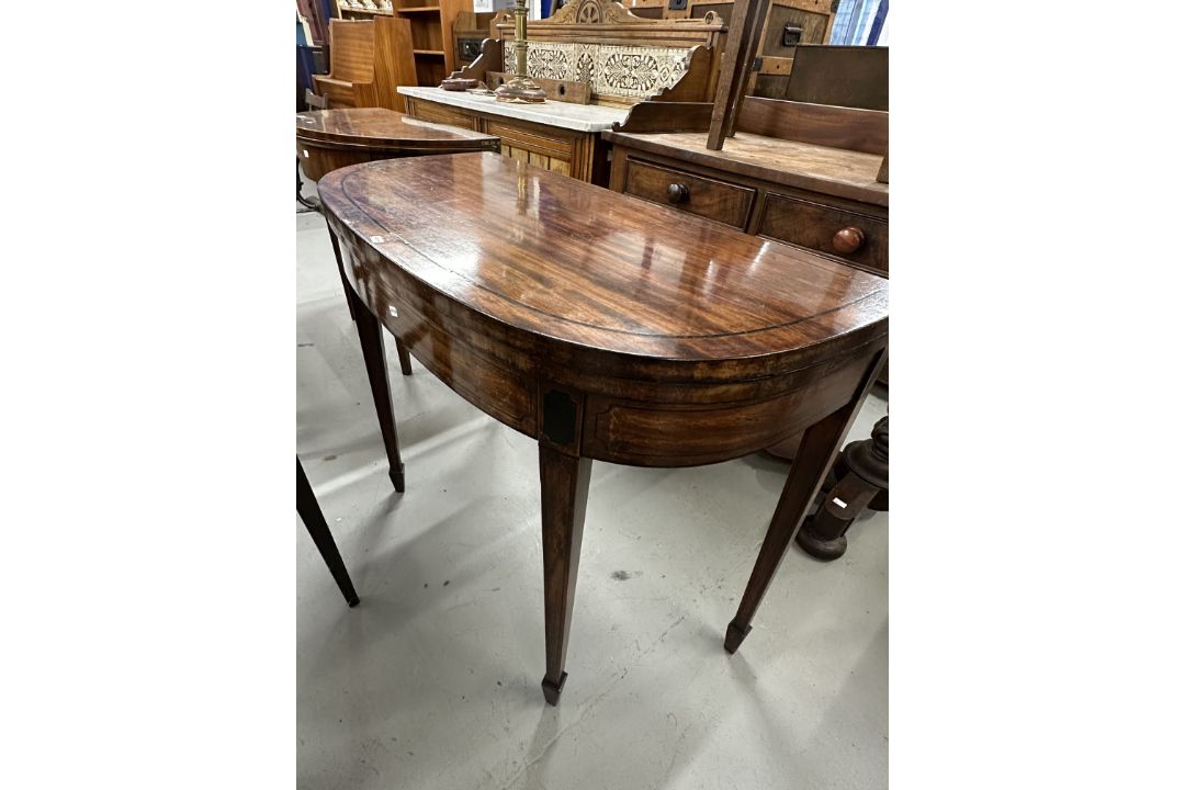 19th cent. Mahogany demi lune tea table inlaid with boxwood stringing, on tapering supports. - Image 3 of 3
