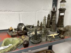 Cornish Serpentine stone lighthouse 11ins, lighthouse table lighter 10ins, three medium lighthouses,