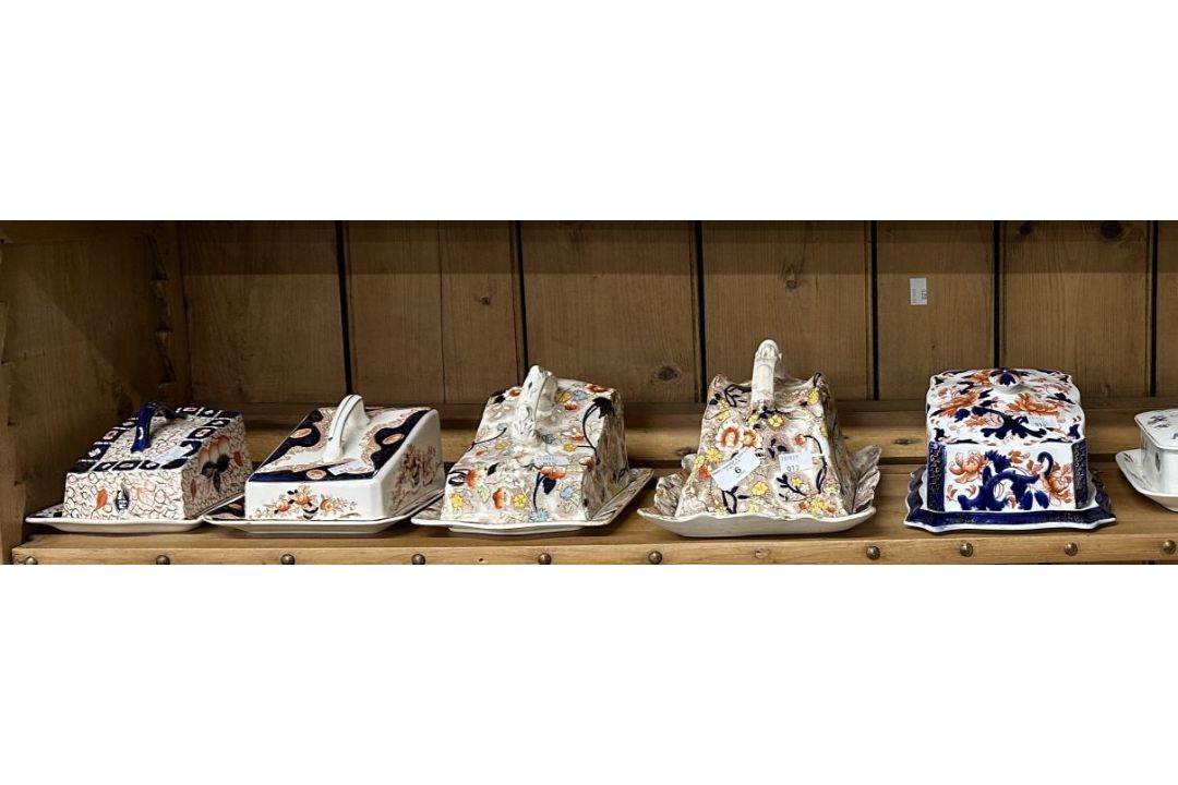 Staffordshire, five medium lustre ware cheese dishes from various makers including Woods & Sons
