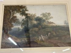 19th cent British School. Watercolour County Track in Wooded Lake
