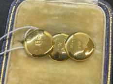Jewellery: 9ct gold collar studs, a pair plus one. Weight 2.5g.