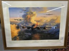 Two maritime prints, one depicting the QE2, a signed print of the yacht Lionheart and a metal