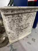 Gardenalia: Reconstituted stone square planter decorated on all four sides. Pleasantly weathered.