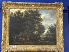 James Stark 1794-1859 Oil on canvas, relined, rural wooded landscape, herdsman and cattle