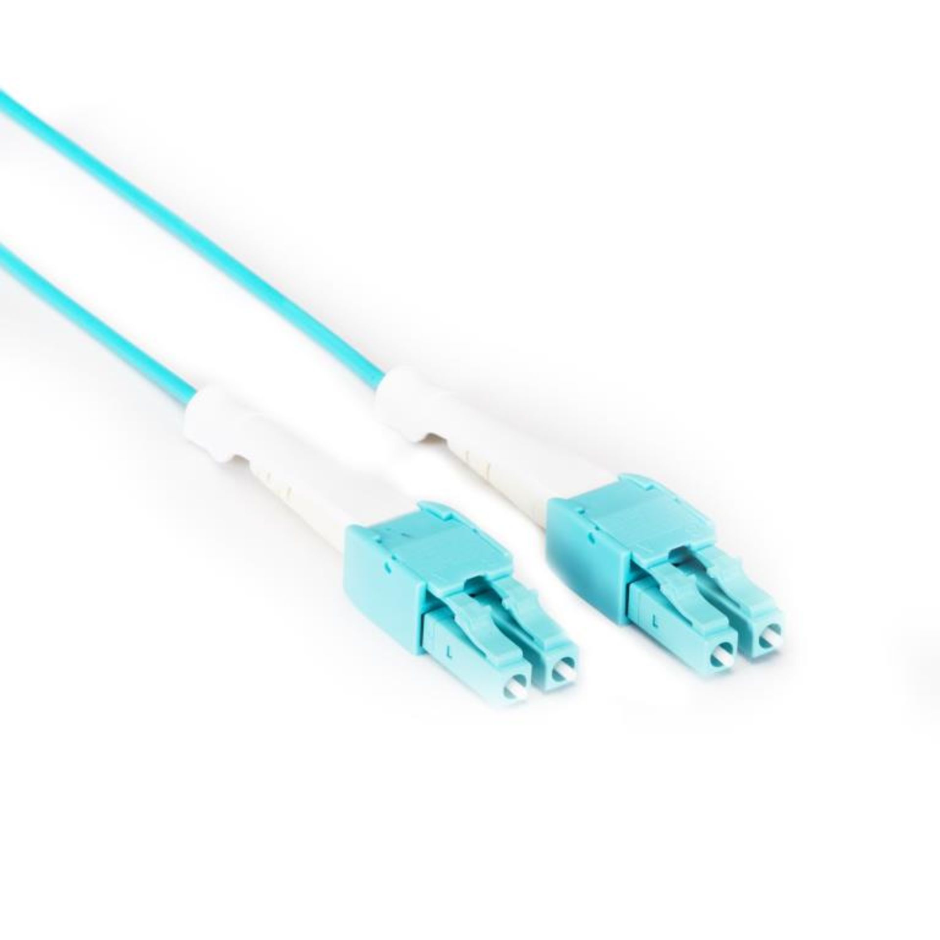 PREMIUM OM4, Pull Tab, Reverse Polarity Connectors, AQUA PVC, LCLC, Assorted Lengths