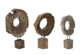 A GROUP OF THREE CIRCULAR DRIFTWOOD SCULPTURES