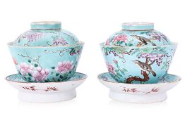 A PAIR OF DAYAZHAI STYLE BOWLS, COVERS AND STANDS