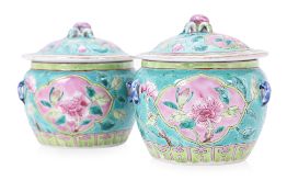A PAIR OF GREEN GROUND FAMILLE ROSE 'BABY' KAMCHENGS