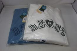 Two men's as new Deus Ex Machina Active Listening Hoodies in Blue Heaven and Vintage White (M).
