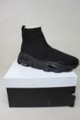 A pair of women's boxed as new Kurt Geiger London Lettie Knit Sock Drench Trainers in black (EU